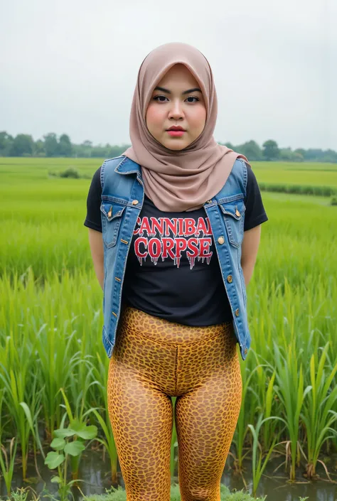 The angry face expression! Just Front photo, wear a loose drop Looks like a little rubber panties pastel translucent (yellow cheetah pattern) leggings closed my center, Tetek besar melayut, hijab hijab hijab  hijab, (photorealistic:1.6), background rice pa...