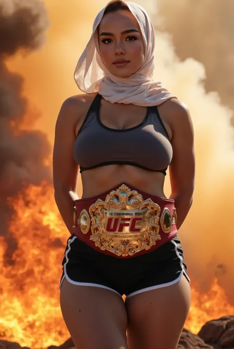 BLOWN IN THE WIND WEARS WHITE HIJAB),  SSBBW HIJAB , (CROPPED T-SHIRT)  big ass ,  PLACE BOTH HANDS BEHIND YOUR BACK, HUGE BOOBS BURSTING BREASTS , UFC CHAMPION BELT FIGHT. BACKGROUND FIRE AND SMOKE. VISIBLE UNDERBREAST 