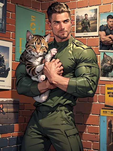 32k, high quality , detailed face , detailed hands , detailed muscles , stephen amell standing and  posing  as a military man ,standing with spread legs, showing his muscles  (((HOLDING A CAT between  HIS HANDS))), ((background brick wall with lot of army ...