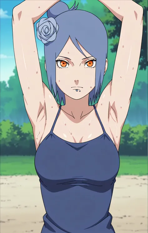 masterpiece, best quality, amazing quality, anime screencap, anime coloring, 1girl, solo, konan, blue hair, single hair bun, orange eyes, hair flower, lip piercing, medium breasts, blue tank top, spaghetti straps, skindentation, (sweaty:0.7), sleeveless, b...