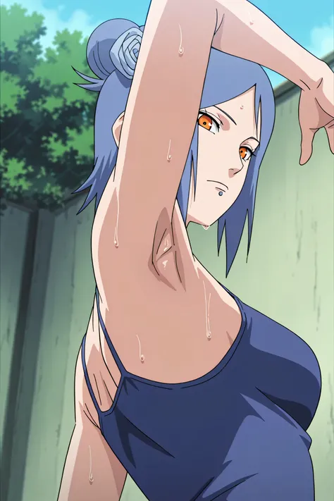 masterpiece, best quality, amazing quality, anime screencap, anime coloring, 1girl, solo, konan, blue hair, single hair bun, orange eyes, hair flower, lip piercing, medium breasts, blue tank top, spaghetti straps, skindentation, (sweaty:0.7), sleeveless, b...