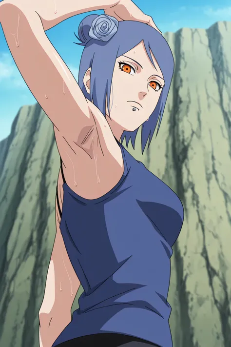 masterpiece, best quality, amazing quality, anime screencap, anime coloring, 1girl, solo, konan, blue hair, single hair bun, orange eyes, hair flower, lip piercing, medium breasts, blue tank top, spaghetti straps, skindentation, (sweaty:0.7), sleeveless, b...