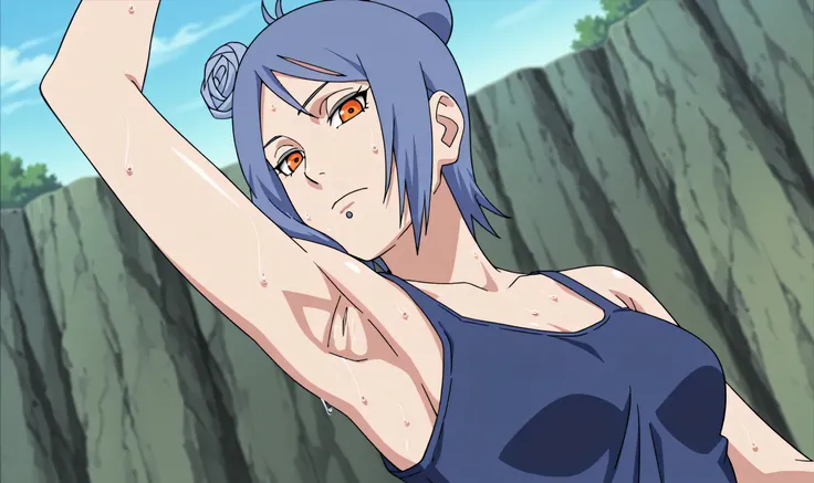 masterpiece, best quality, amazing quality, anime screencap, anime coloring, 1girl, solo, konan, blue hair, single hair bun, orange eyes, hair flower, lip piercing, medium breasts, blue tank top, spaghetti straps, skindentation, (sweaty:0.7), sleeveless, b...