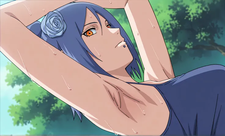 masterpiece, best quality, amazing quality, anime screencap, anime coloring, 1girl, solo, konan, blue hair, single hair bun, orange eyes, hair flower, lip piercing, medium breasts, blue tank top, spaghetti straps, skindentation, (sweaty:0.7), sleeveless, b...