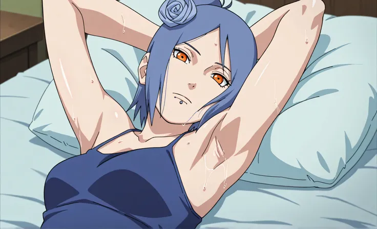masterpiece, best quality, amazing quality, anime screencap, anime coloring, 1girl, solo, konan, blue hair, single hair bun, orange eyes, hair flower, lip piercing, medium breasts, blue tank top, spaghetti straps, skindentation, (sweaty:0.7), sleeveless, b...