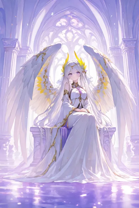 With purple eyes,An elegant young woman sitting in a pure palace. Her long, beautiful white hair flows over her shoulders, are adorned with a bright white and yellow feather on the head, Her serene and ethereal appearance. Her charming wings shone in purpl...