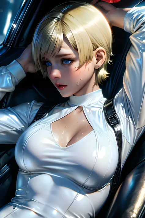 perfect anatomy Highest Quality,highest resolution,(((shiny white clothes Shiny Blonde short hair blue eyes shiny skin sweat))) Shelly Birkin