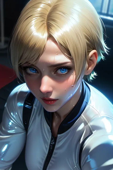 perfect anatomy Highest Quality,highest resolution,(((shiny white clothes Shiny Blonde short hair blue eyes shiny skin sweat))) Shelly Birkin