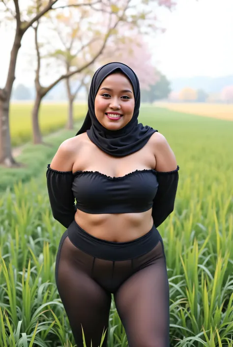 Just Front photo, wear a loose drop Looks like a little rubber panties pastel translucent (black) leggings flare bootcut closed my center & mini flat strapless, Tetek besar melayut, hijab hijab hijab hijab, (photorealistic:1.6), background rice paddy. day...