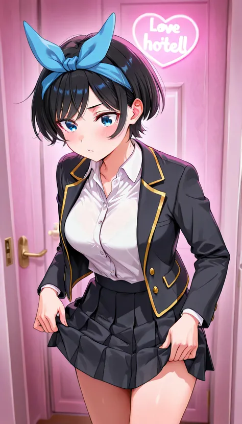Ebruka, A girl, Alone, short hair, blue eyes, black hair, blue ribbon, headband with bow, medium breasts, long sleeves, school uniform, white shirt, pleated skirt, collared shirt, falda negra, mini fold, open jacket, black jacket, V-neck, corbata a rayas, ...