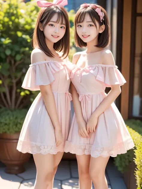 (masterpiece, best quality, ultra-detailed), two cute sisters smiling warmly at the camera in a dreamy garden full of pink camellia blossoms. The older sister gently holds one side of her frilly mini dress, slightly lifting it in a playful and elegant pose...