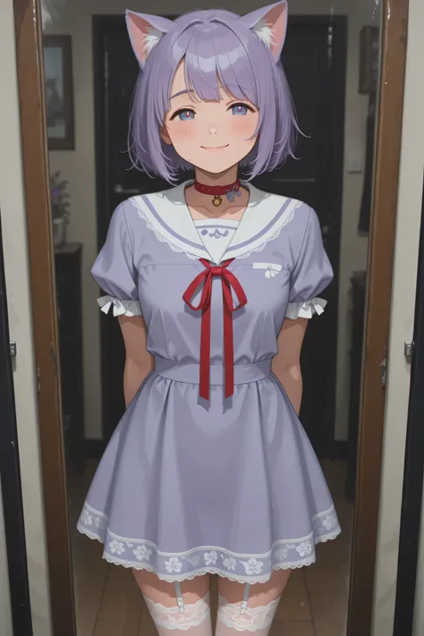 Highest Quality、masterpiece、In front of the dresser、a girl who is worried about choosing a ribbon、A cat staring at it。the girl looks like they are choosing a lavender-colored sailor dress with their front legs extended slightly on the、wearing puff sleeves ...