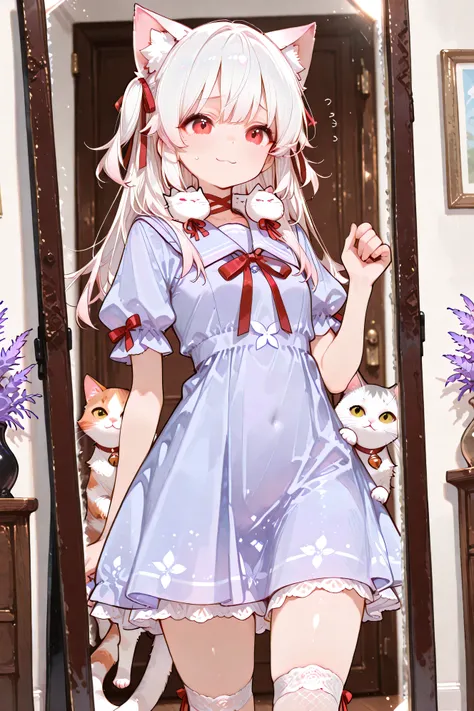 Highest Quality、masterpiece、In front of the dresser、a girl who is worried about choosing a ribbon、A cat staring at it。the girl looks like they are choosing a lavender-colored sailor dress with their front legs extended slightly on the、wearing puff sleeves ...