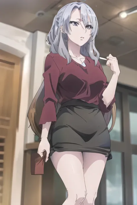  can you draw facial expressions more delicately，women with nice smiles，light purple long hairの女性，woman with huge breasts in light clothes，Micro mini skirt，Huge breasts, gorgeous thighs in light clothing  ，Beautiful legs，High Heels，  college student  ，Alon...