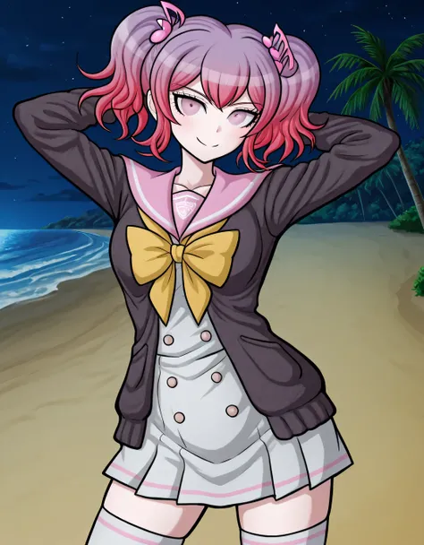 Hibiki Otonokoji, Rui Komatsuzaki art style, danganronpa art style, gradient hair, purple hair, pink hair, bangs, pigtails, hair ornament, music note hair ornament, pink eyes, cardigan, open cardigan, black cardigan, sailor collar, pink sailor collar, dres...