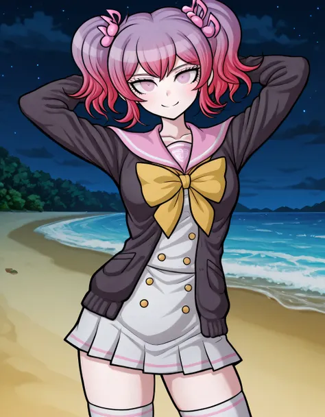 Hibiki Otonokoji, Rui Komatsuzaki art style, danganronpa art style, gradient hair, purple hair, pink hair, bangs, pigtails, hair ornament, music note hair ornament, pink eyes, cardigan, open cardigan, black cardigan, sailor collar, pink sailor collar, dres...