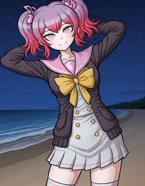 Hibiki Otonokoji, Rui Komatsuzaki art style, danganronpa art style, gradient hair, purple hair, pink hair, bangs, pigtails, hair ornament, music note hair ornament, pink eyes, cardigan, open cardigan, black cardigan, sailor collar, pink sailor collar, dres...