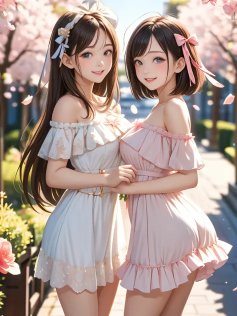(masterpiece, best quality, ultra-detailed), two cute sisters smiling warmly at the camera in a dreamy garden full of pink camellia blossoms. The older sister gently holds one side of her frilly mini dress, slightly lifting it in a playful and elegant pose...