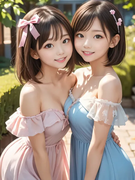 (masterpiece, best quality, ultra-detailed), two cute sisters smiling warmly at the camera in a dreamy garden full of pink camellia blossoms. The older sister gently holds one side of her frilly mini dress, slightly lifting it in a playful and elegant pose...