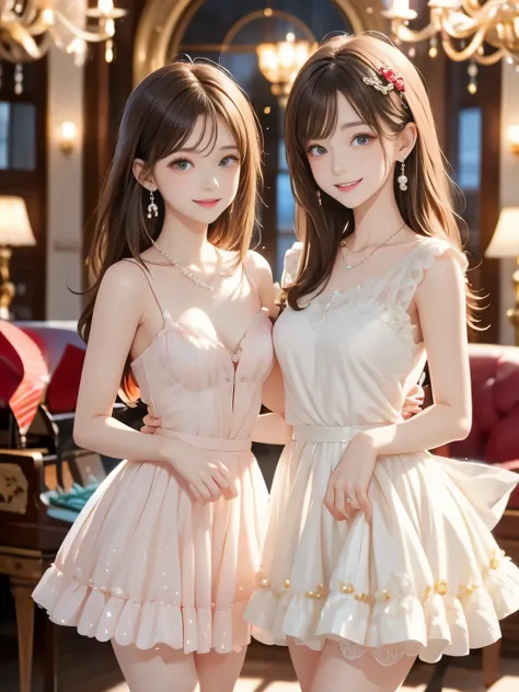 A realistic scene of two adorable young women standing close together, smiling directly at the camera, arm in arm, wearing cute pastel pink and white frilly party dresses with knee-length skirts. One has soft wavy hair in a half-up style with a ribbon, the...