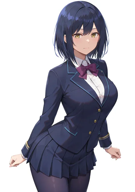 solo,masterpiece,best quality, amazing quality, highres, absurdres, very aesthetic, high resolution, ultra detailed, perfect details,nijirin,medium breasts,yellow eyes,blue hair,black hair,moles,medium hair,nijirincos,white shirt,collared shirt,purple bowt...