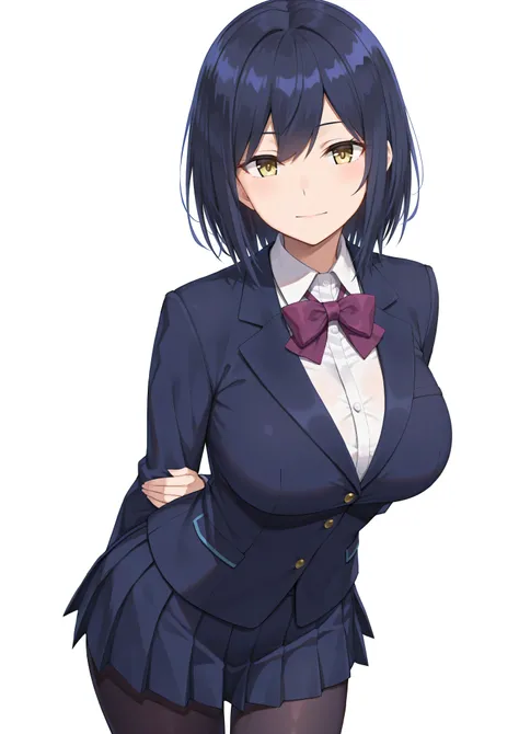solo,masterpiece,best quality, amazing quality, highres, absurdres, very aesthetic, high resolution, ultra detailed, perfect details,nijirin,large breasts,yellow eyes,blue hair,black hair,moles,medium hair,nijirincos,white shirt,collared shirt,purple bowti...