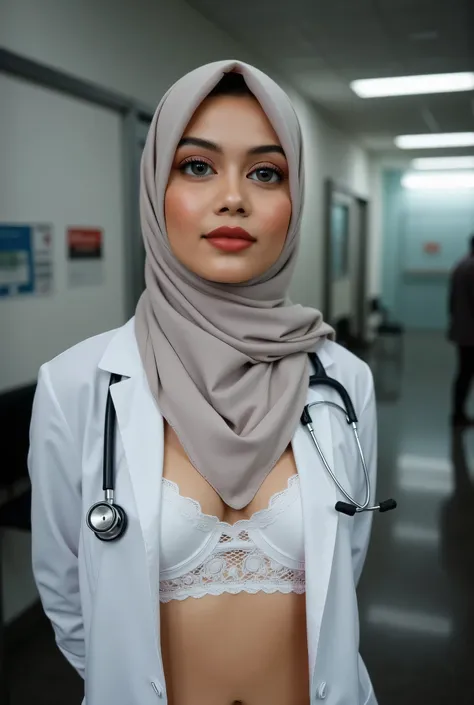 hijab Nurses and doctors in white coats. PLACE BOTH HANDS BEHIND YOUR BACK, Super realistic with sensual lacy red bra..  Sexual 22 years old .whole body. masterpiece. bulky . White hospital gowns white lingerieDoctor in sexy white coat with white bra Maste...