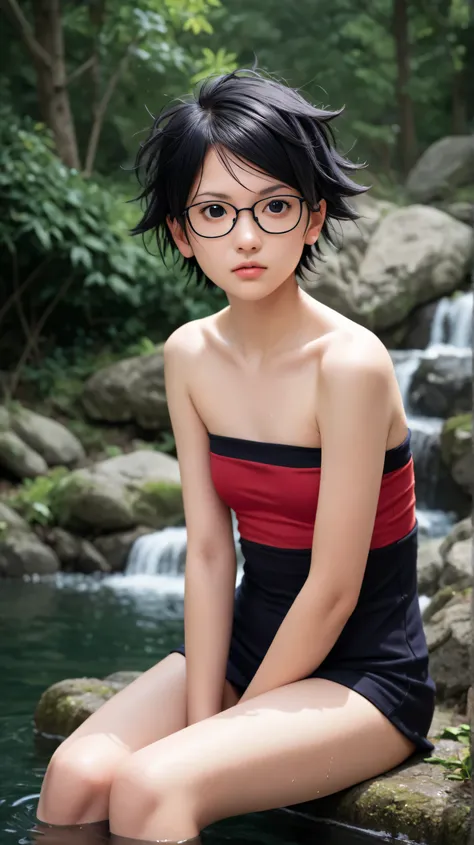 1girl, solo,sarada uchiha,black eyes,black hair,buzz-cut hair,outdoors,potrait,small breast,nature,sitting on water,navel,tube top, wear glasses,messy hair