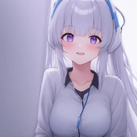 A girl at home, nakaNo._Future, , unique , 衣衫No整, , purple_ With eyes , White_hair, Long_hair, hair_between_ With eyes , White_, _Set, White_ Background and   , watch_Shown in_ use the following method to view viewerBackground, shirt, sit, Deactivate_, Umb...