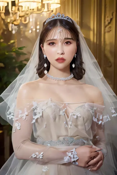 Naked,Shy from," figure, Strapless Bride Outfit, small gold tiara ,Huge Chest,Saggy saggy breasts,  emphasizes deep cleavage  ,Bust fully exposed,transparent princess skirt,Arabian Palace Wedding, Perfect Body, (Highest Quality, 4K, 8k, high resolution, Ma...