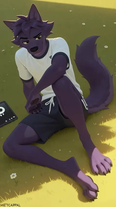 Mixed Furry,Canine paws,Feline paws,digital pads, metacarpal pad, 4toes, claws, detailed paws, [Black] paws,Lupin,dark purple fur, brown eyes, wolf, male, masterpiece,best quality,amazing quality, 1boy, solo,anthro dog, two_tone_fur, gym shirt, gym shorts,...