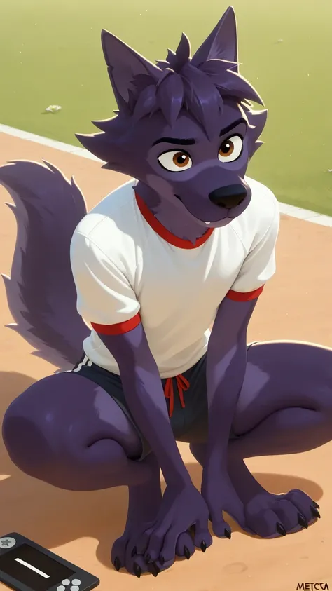 Mixed Furry,Canine paws,Feline paws,digital pads, metacarpal pad, 4toes, claws, detailed paws, [Black] paws,Lupin,dark purple fur, brown eyes, wolf, male, masterpiece,best quality,amazing quality, 1boy, solo,anthro dog, two_tone_fur, gym shirt, gym shorts,...