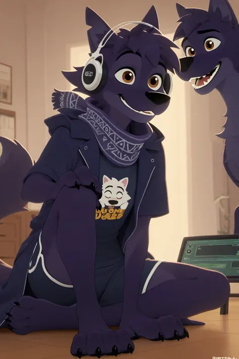 Mixed Coat,Canine paws,Feline paws,digital pads, metacarpal pad, 4 deof the de los pies, claws, detailed paws, [negro] paws, lupine ,dark purple by, brown eyes, lobo, eyes, masterpiece,better quality,amazing quality, a boy, Alone,rooster scarf for anthro d...