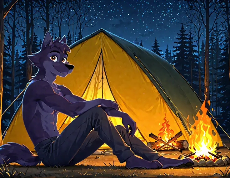 Lupin, dark purple fur, brown eyes, wolf, anthro, male, solo, half body, smile, high quality, night, forest, camping, tent, campfire, looking at viewer, sitting, pants