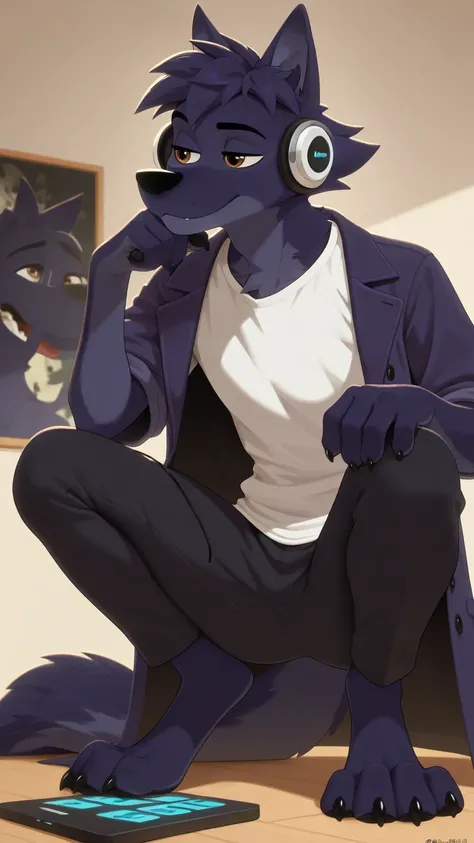 Mixed Coat,Canine paws,Feline paws,digital pads, metacarpal pad, 4 deof the de los pies, claws, detailed paws, [negro] paws, lupine ,dark purple by, brown eyes, lobo, eyes, masterpiece,better quality,amazing quality, a boy, Alone,rooster scarf for anthro d...