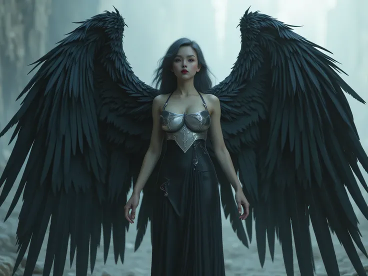 an angel with large black feather wings, ((photorealistic))