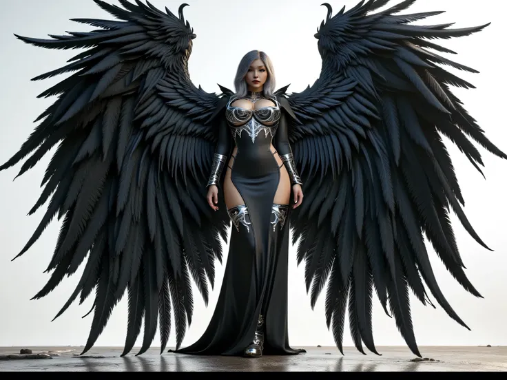 an angel with large black feather wings, ((photorealistic)), zoom out to show the entire wings from tip to tip