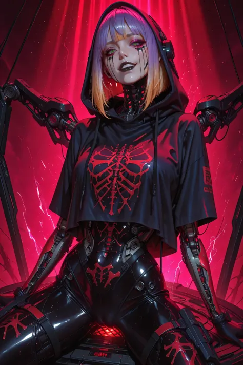 cyberpunk,girl,Bridget,1girl,blonde hair,green eyes,hood, gloves,glide_fashion,timeless,arm0rs3nt1n3l,((high angle)) mecha cyber goth girl in red wh funny epic x ray wallpaper, with accidic vibe, vibrant epic Uhd red light RAYS 1.0  1.0 effects hd 1.0  , t...