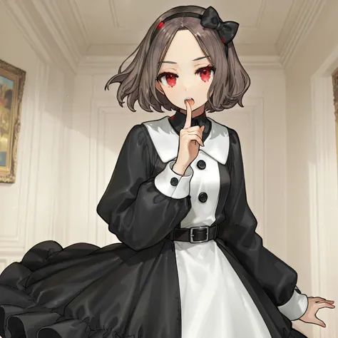 Wada Arco,1 Beautiful Girl,(Beautiful Girl : 1.3),masterpiece,Highest Quality,High quality images,8k,1girl,solo,
Ebitsuka Satoshi ,brown hair,hair band,
black dress,black bow,long sleeve,Skirt,ruffle dress,collared shirt,Two Tone Dress,belts,
open your mou...