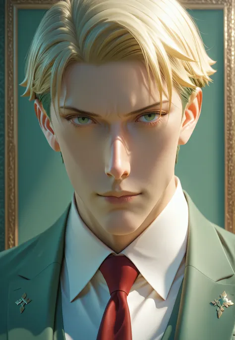 3DMM, Hype4realistic, Realistic, Ultra Realistic, 1boy, solo, Early Thirties, Loid Forger (spy x family), slicked-back blonde hair and sharp teal eyes, wearing a fitted olive green suit with a red tie and white shirt, calm expression, exuding a professiona...