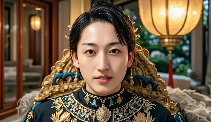 handsome man, luxurious outfit, inside a mansion, ornate headpiece, ultra high resolution, serious expression