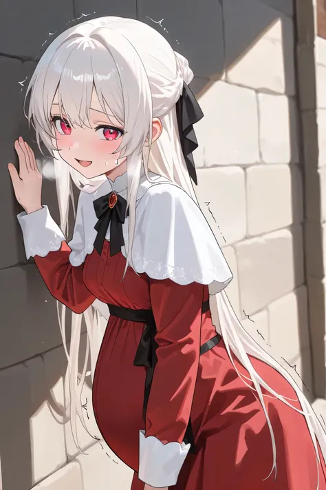 (Best quality, 4k, 8k, high resolution, masterpiece:1.2), ultra detailed, intricate details, beautiful girl, SOLO, alone, long white hair, bangs, red colored eyes, small-medium breasts, perfect smooth skin, head tilted, (Pregnant:1.0), black ribbon hair, ...