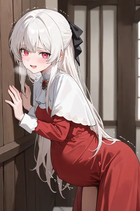 (Best quality, 4k, 8k, high resolution, masterpiece:1.2), ultra detailed, intricate details, beautiful girl, SOLO, alone, long white hair, bangs, red colored eyes, small-medium breasts, perfect smooth skin, head tilted, (Pregnant:1.0), black ribbon hair, ...