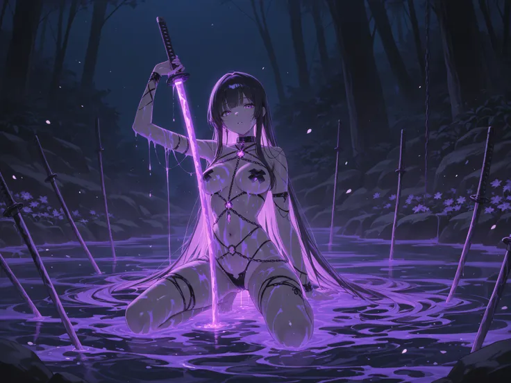 1girl, body_chain, pasties, black thongs, revealing clothes,japanese sword, glowing, dripping in paint, paint on a naked woman, background : is a hotspring, glowing water, night time . beautiful colors and paint. flowers