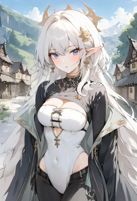 (1girl, masterpiece, best quality) Elf female with long length white hair. she has blue eyes. medieval-style white and light blue full cover outfit. She wears black pants. Elven village in the background. (perfect body line) She is warrior.
