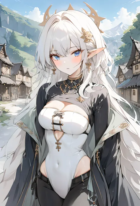 (1girl, masterpiece, best quality) Elf female with long length white hair. she has blue eyes. medieval-style white and light blue full cover outfit. She wears black pants. Elven village in the background. (perfect body line) She is warrior.
