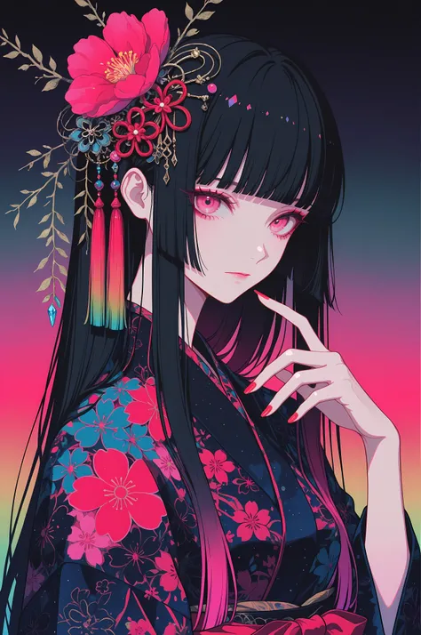 woman, solo, ethereal, crystal red nails, looking at viewer, bangs, pink eyes, long hair, black hair, hair ornament, hand up, flower, blunt bangs, closed mouth, tassel, ribbon, portrait, colorful, gradient background, floral yukata, multicolored hair, uppe...