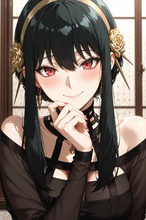 1girl, yor briar, spy x family, black hair, red eyes, blush, smile, closed mouth, black dress, upper body, hand on own chin, looking at viewer, masterpiece, best quality, 