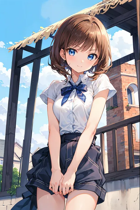 ((masterpiece)), (anime:1.5), ((Highest Quality)), (Original photo:1.2), (high resolution:1.3), (professional photo shoot:1.2), ( Color Difference), One Girl, (()), (serious), (beautiful brown eyes:1.3), viewers with the pool in the background, plain shirt...