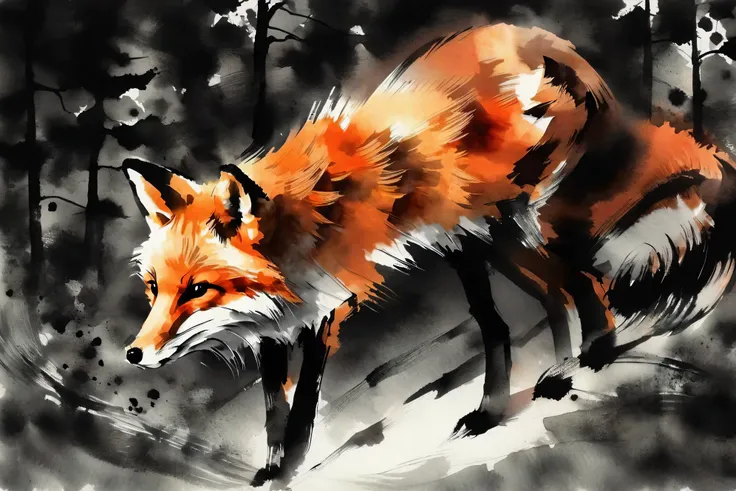 sumi-e fox, red fox, (best quality, HD, "~*~aesthetic~*~":1), Geometric red fox, ((there is a fox)), double exposure with trees, cute fox art, epic portraiture, facing sideways, triangular shapes
